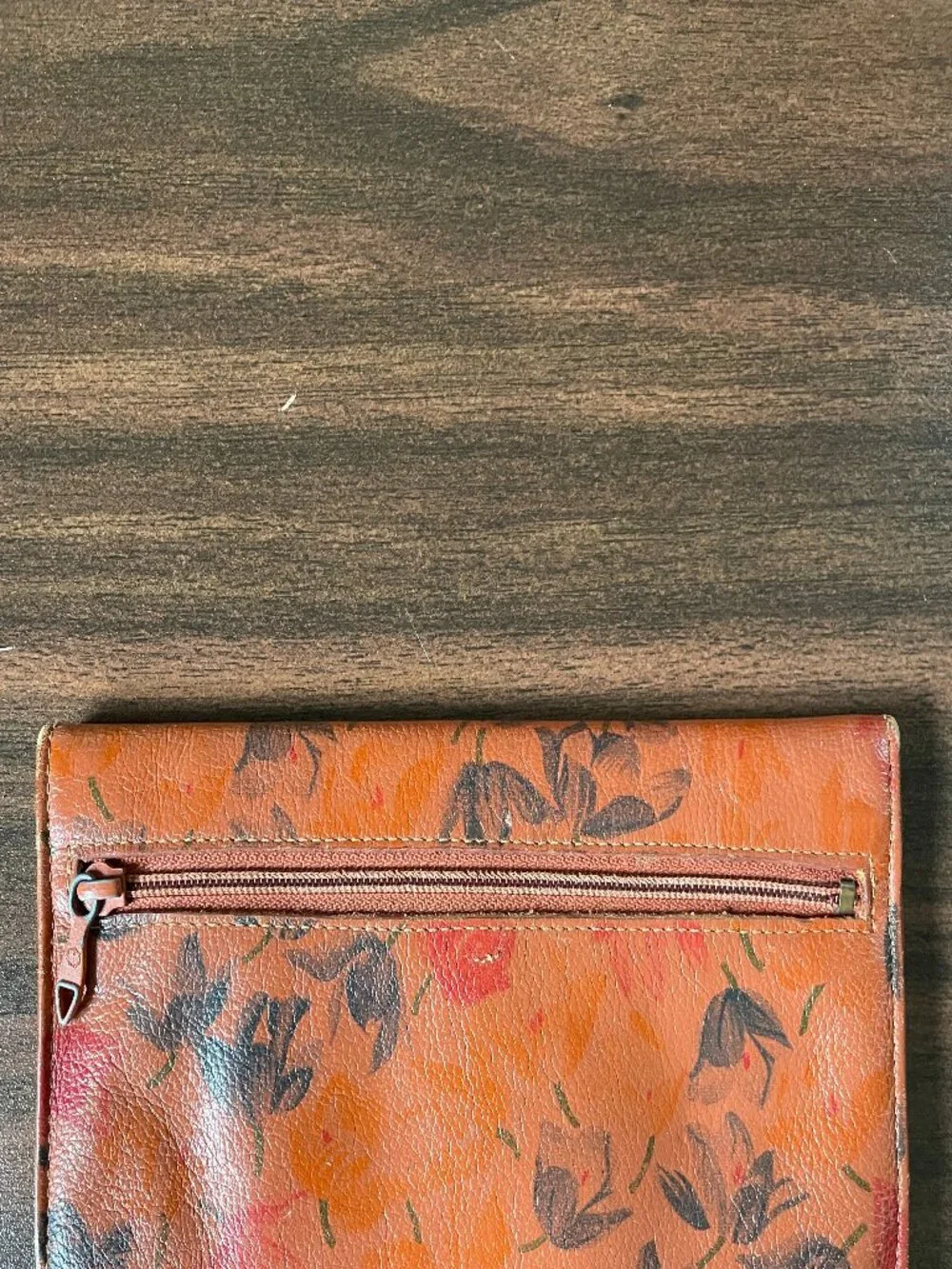 MUNDI Genuine Leather Orange Floral Wallet — Brazil Vintage Boho Checkbook Clutc